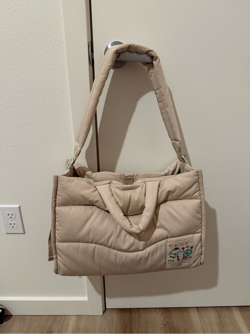 Padded Cream Quilted Tote Bag with Playful Patch